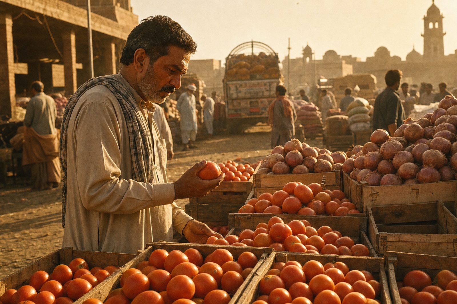 A farmer inspecting crates of tomatoes at a wholesale produce market in Multan at golden hour