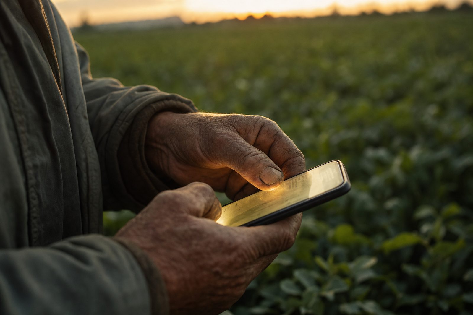 A farmer's hands holding a smartphone in a field at dusk