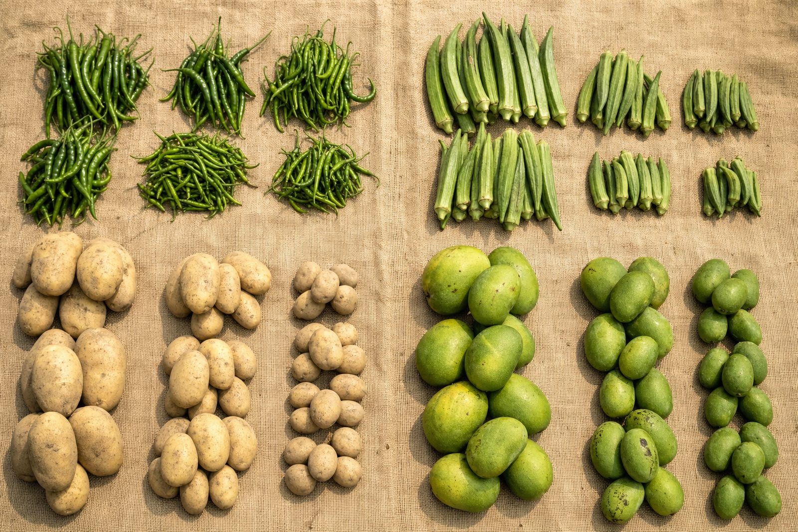 Overhead view of green chillies, okra, potatoes and mangoes sorted into grade groups on jute