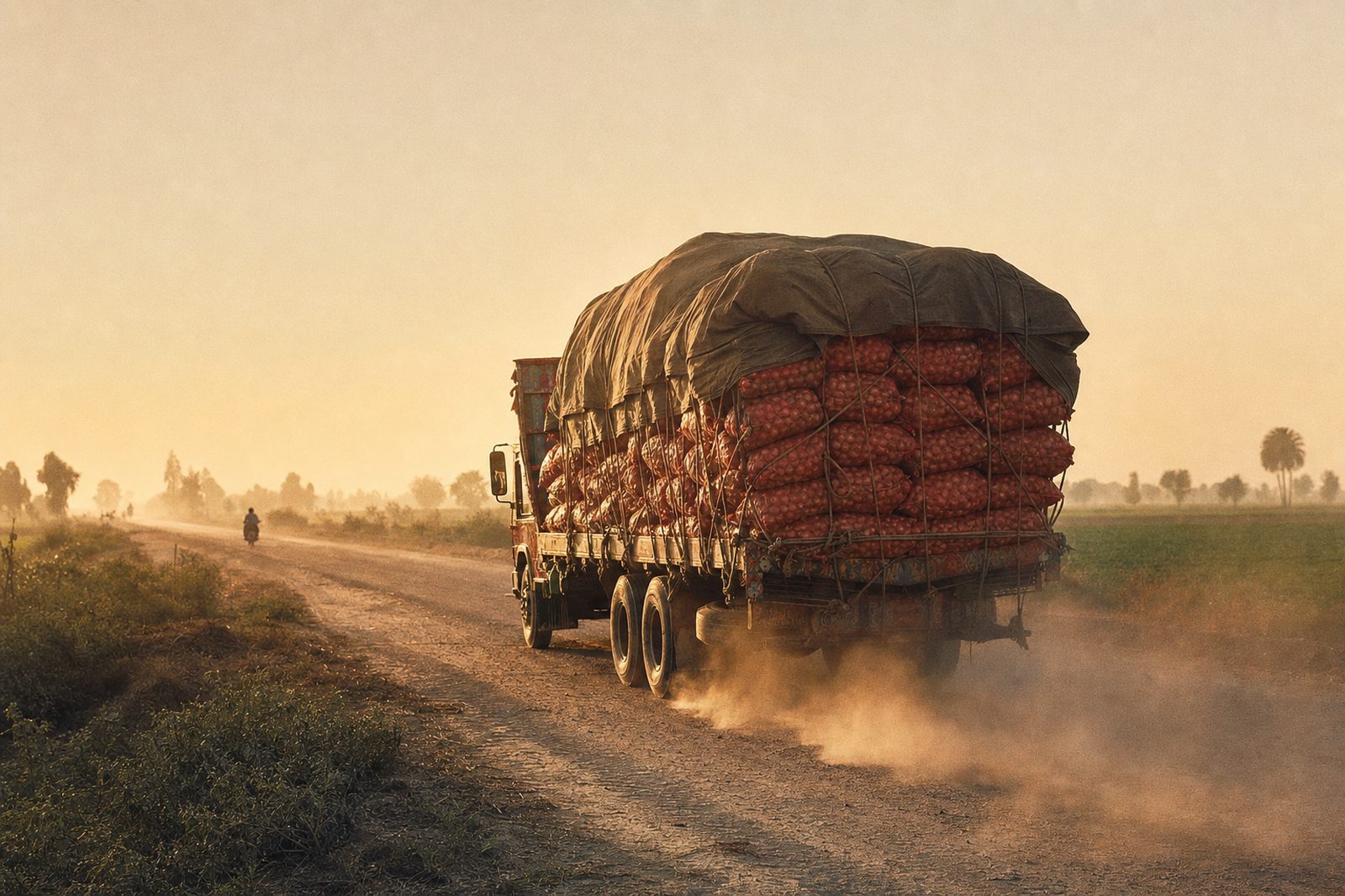 A truck loaded with sacks of onions on a dusty rural highway at golden hour