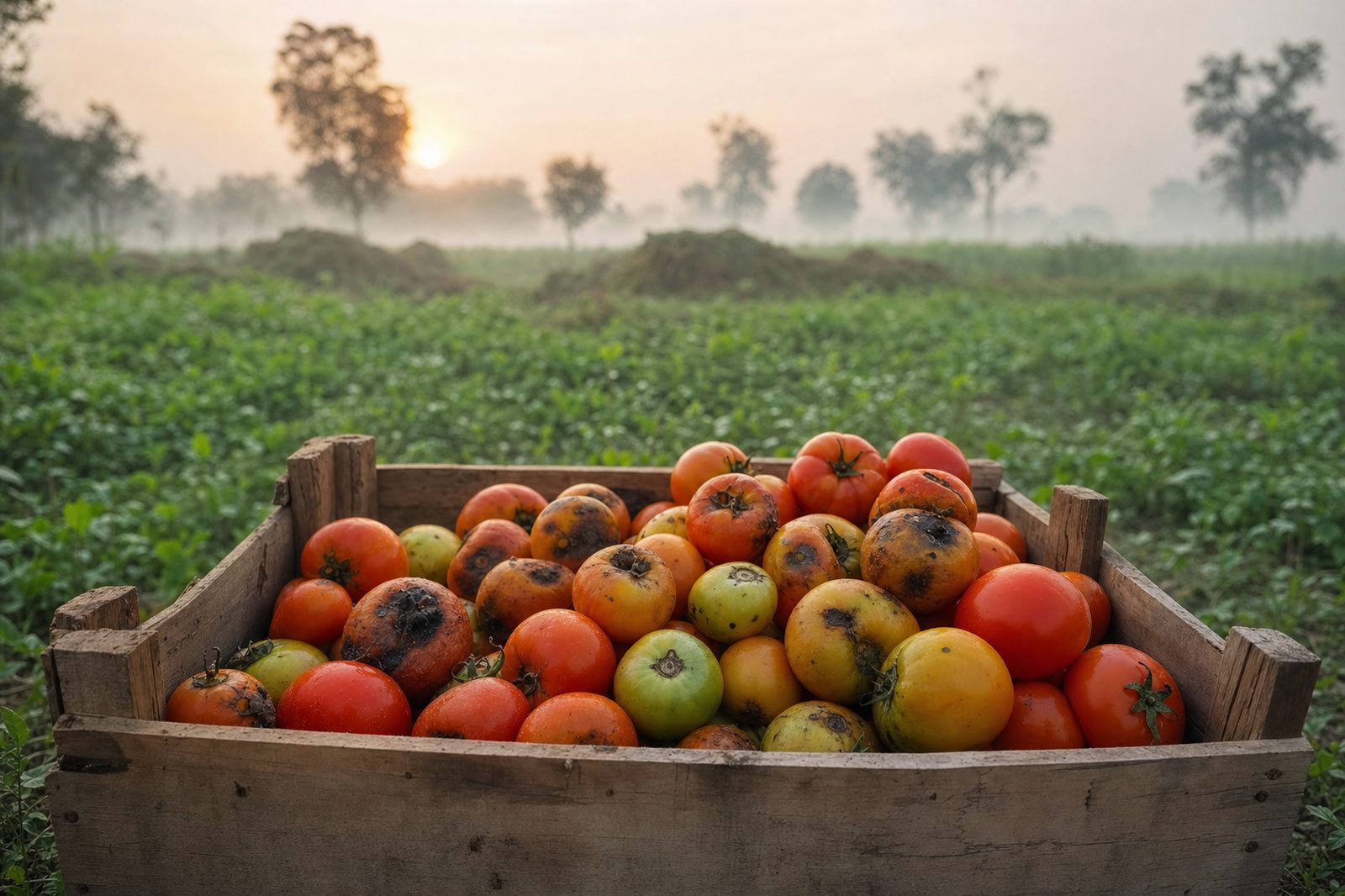 A wooden crate of tomatoes at dawn in a Punjab field, some fruit bruised and overripe